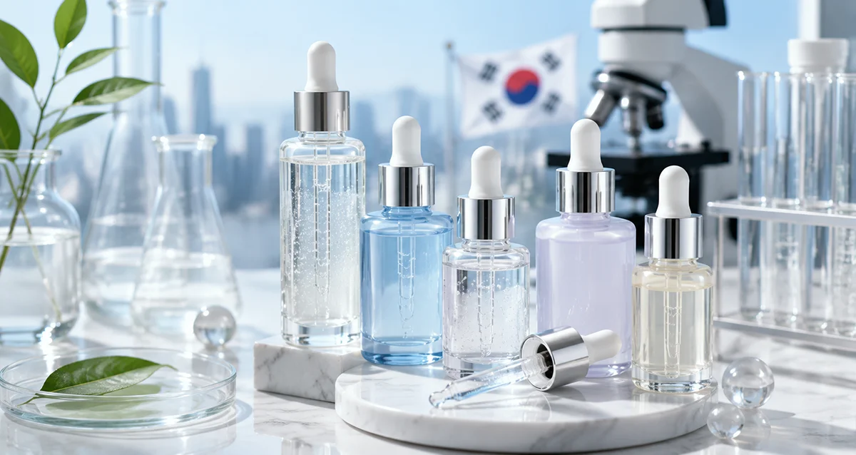 A collection of Korean skincare serum bottles on marble trays, surrounded by laboratory glassware, a microscope, and a Korean flag in the background.
